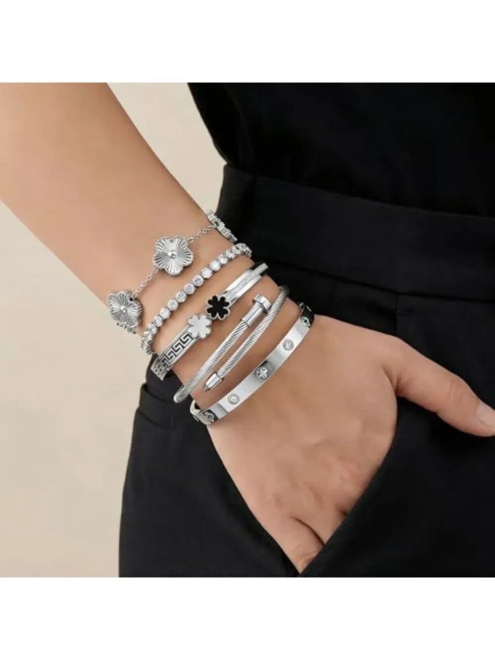 Trendy Silver Stackable Bangle Bracelets for Women - Non-Tarnish Clover Charm